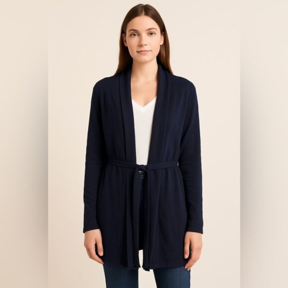 ZARA Knit Navy Open Front Long Sleeve Belted Cardigan Size L - Picture 1 of 7
